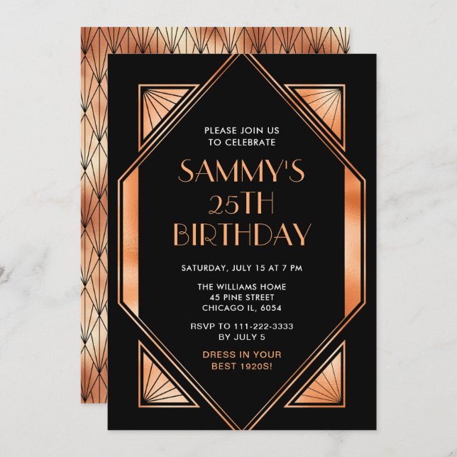 Gold and Black Art Deco Birthday Party Invitation (Front/Back)
