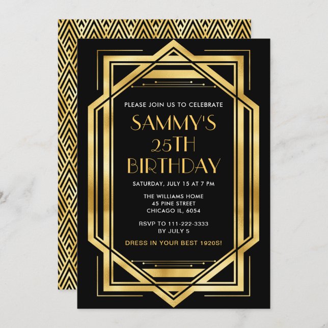 Gold and Black Art Deco Birthday Party Invitation (Front/Back)