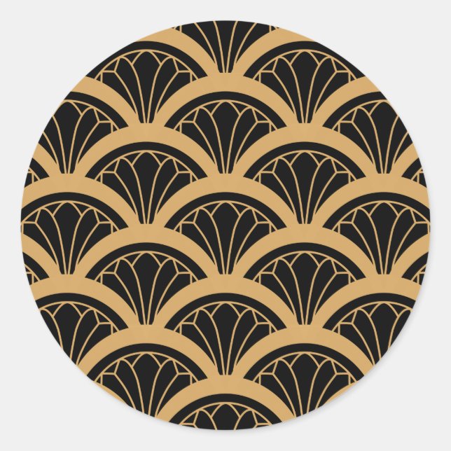 Gold and Black Art Deco Fan Flower Pattern   Classic Round Sticker (Front)