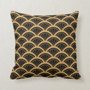 Gold and Black Art Deco Fan Flower Pattern Cushion