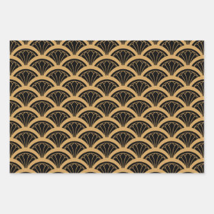 Gold and Black Art Deco Fan Flower Pattern   Wrapping Paper Sheet