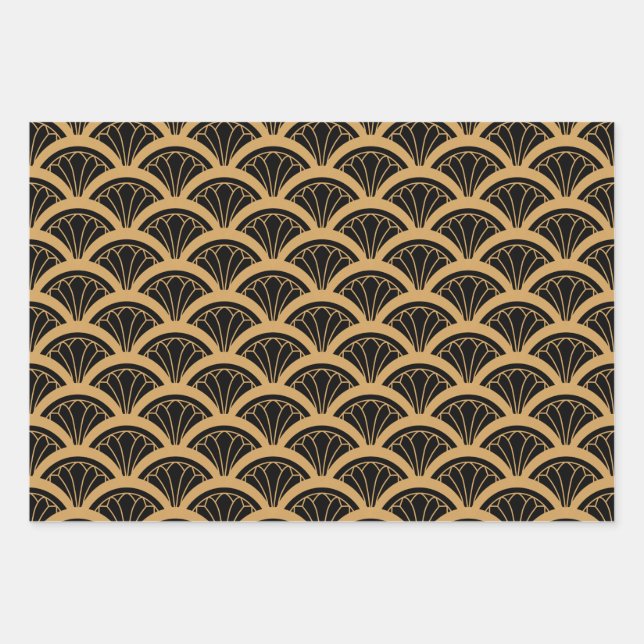 Gold and Black Art Deco Fan Flower Pattern   Wrapping Paper Sheet (Front)