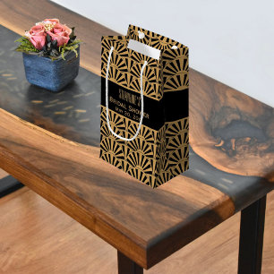 Gold and Black Art Deco Fan Flowers Bridal Shower Small Gift Bag