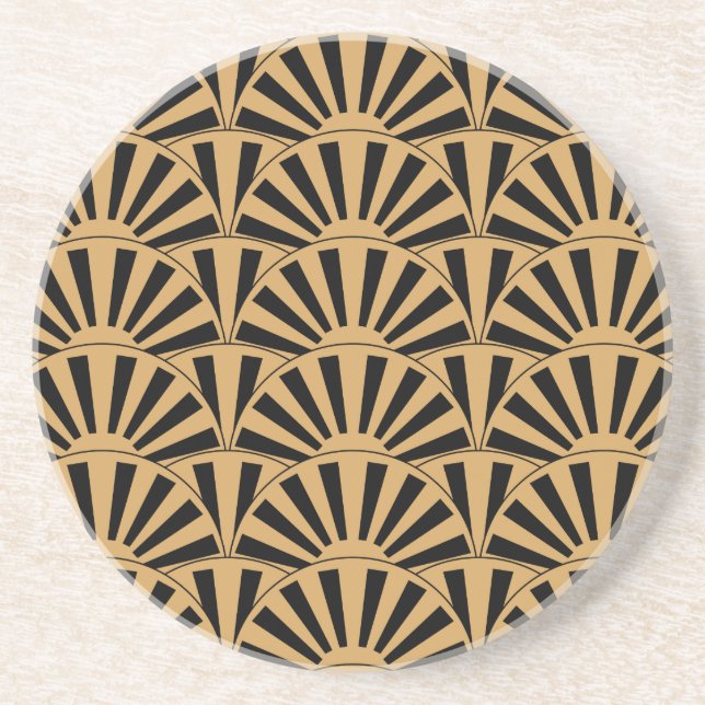 Gold and Black Art Deco Fan Flowers Motif Coaster (Front)