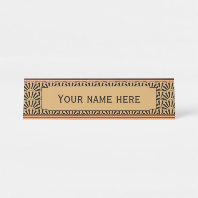 Gold and Black Art Deco Fan Flowers Motif Desk Name Plate (Front)