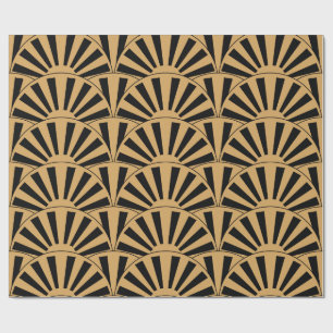 Gold and Black Art Deco Fan Flowers Motif Wrapping Paper