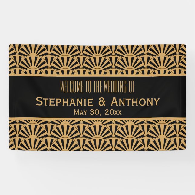 Gold and Black Art Deco Fan Flowers Wedding Banner (Horizontal)