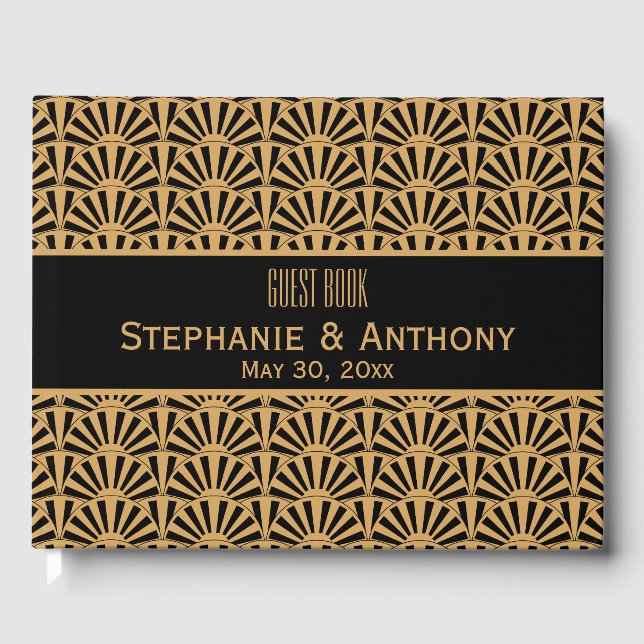 Gold and Black Art Deco Fan Flowers Wedding Guest Book (Front)