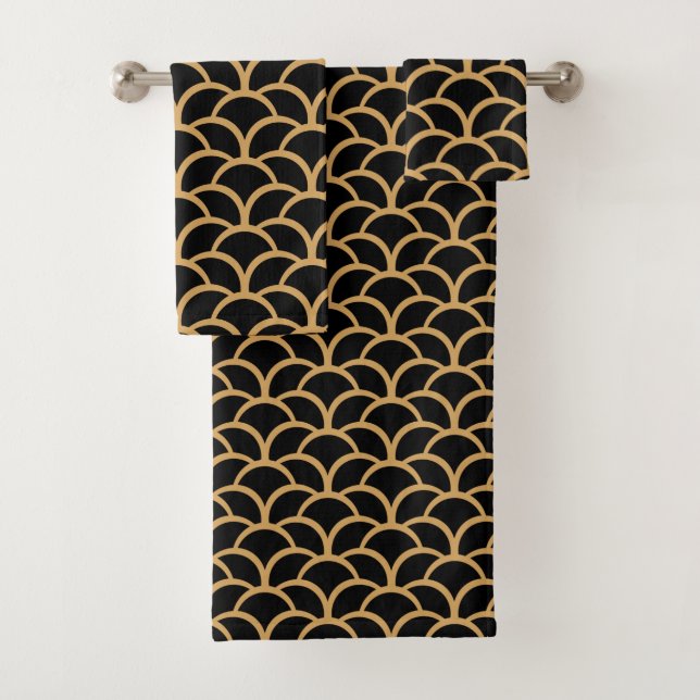 Gold and Black Art Deco Fish Scale Pattern   Bath Towel Set (Insitu)