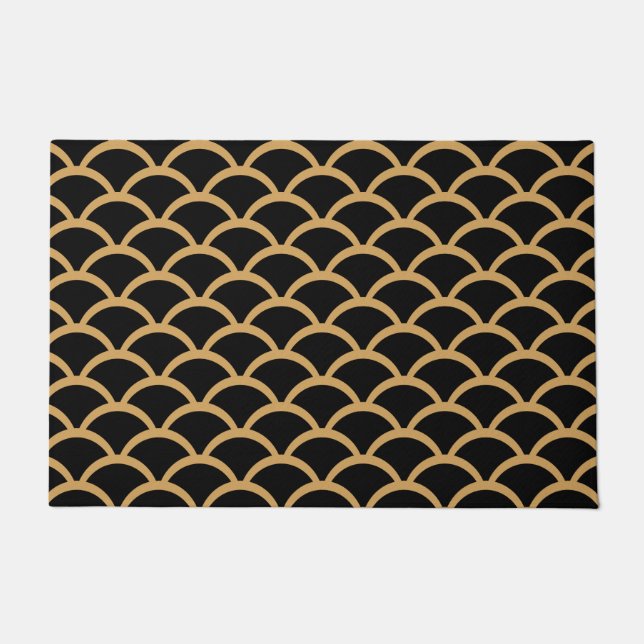 Gold and Black Art Deco Fish Scale Pattern Doormat (Front)