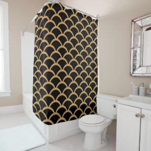 Gold and Black Art Deco Fish Scale Pattern  Shower Curtain