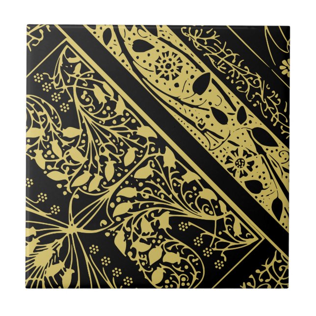 Gold and Black Art Deco Floral Geometric Abstract Tile (Front)