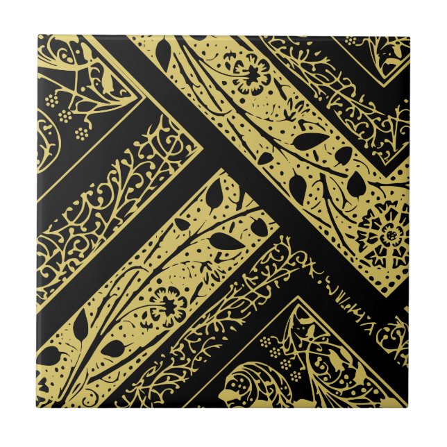 Gold and Black Art Deco Floral Geometric Abstract Tile (Front)