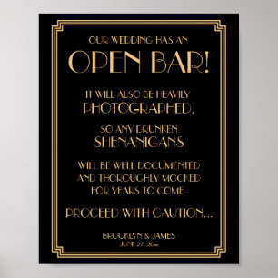Gold And Black Art Deco Gatsby Open Bar Sign 8x10