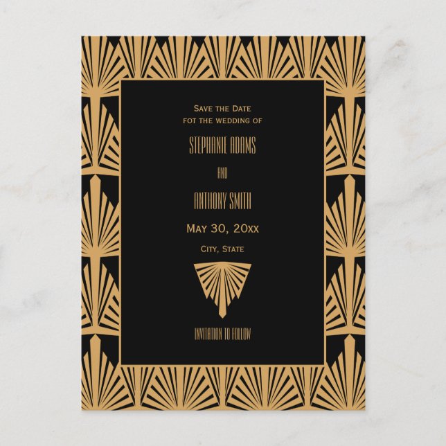 Gold and Black Art Deco Pattern Save the Date Announcement Postcard (Front)
