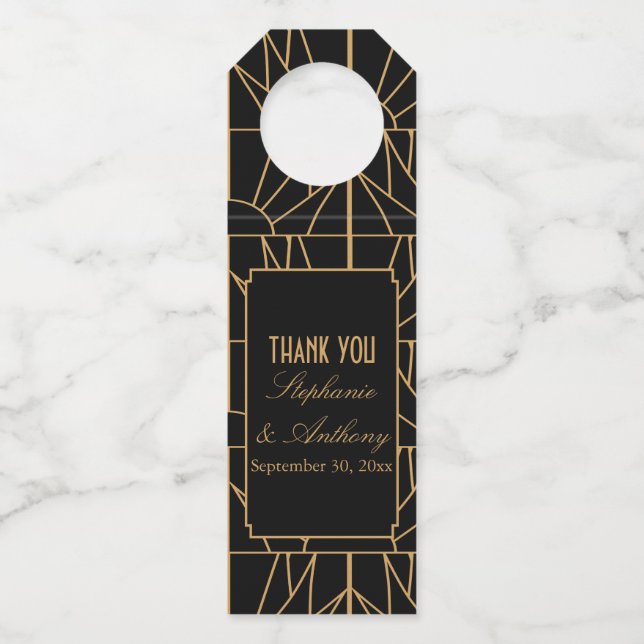 Gold and Black Art Deco Pattern Wedding Bottle Tag (Front)