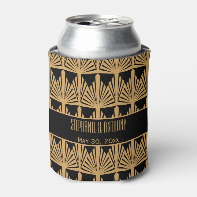 Gold and Black Art Deco Pattern Wedding Can Cooler (Can Front)