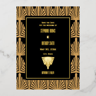 Gold and Black Art Deco Pattern Wedding Foil Invitation Postcard