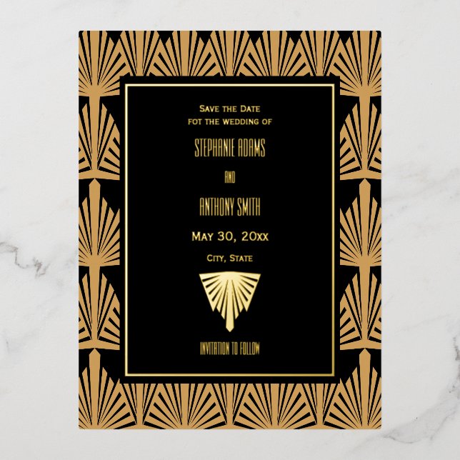 Gold and Black Art Deco Pattern Wedding Foil Invitation Postcard (Front)