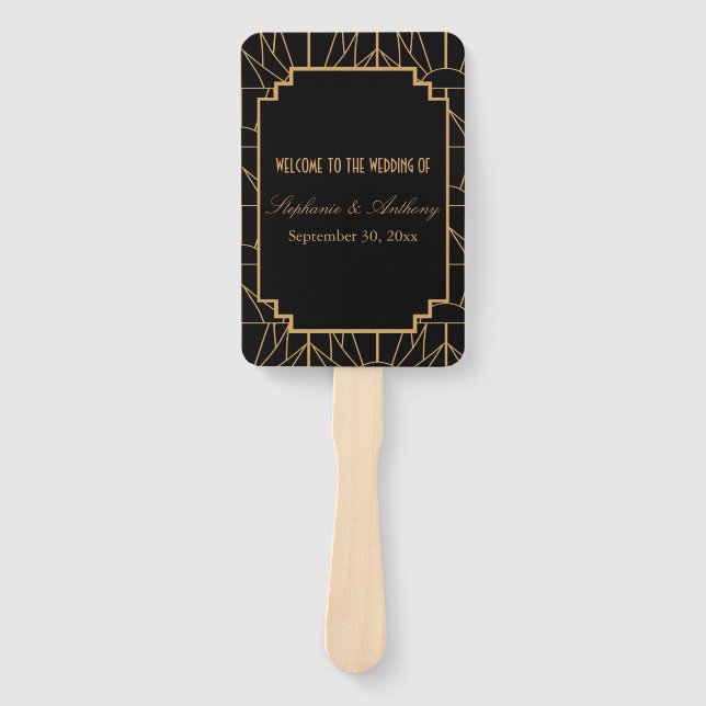 Gold and Black Art Deco Pattern Wedding Hand Fan (Front)