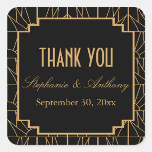 Gold and Black Art Deco Pattern Wedding Square Sticker