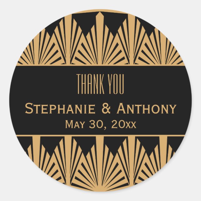 Gold and Black Art Deco Pattern Wedding Thank You Classic Round Sticker (Front)