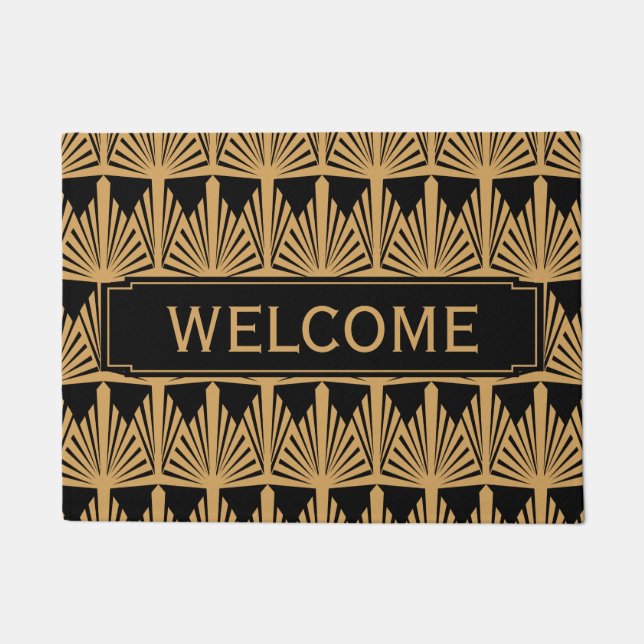Gold and Black Art Deco Pattern Welcome Doormat (Front)