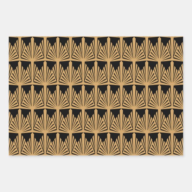 Gold and Black Art Deco Pattern Wrapping Paper Sheet (Front)