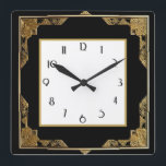 Gold and Black Art Deco Square Frame Wall Clock<br><div class="desc">"art deco clock",  "art nouveau clock",  "gold and black",  "1920s square",  "stylish sophisticated 1920 style",  "faux golden",  "retro vintage antique",   "elegant pattern design",  "square clock",  "old fashioned fancy"</div>