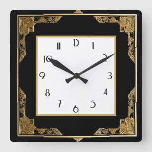 Gold and Black Art Deco Square Frame Wall Clock