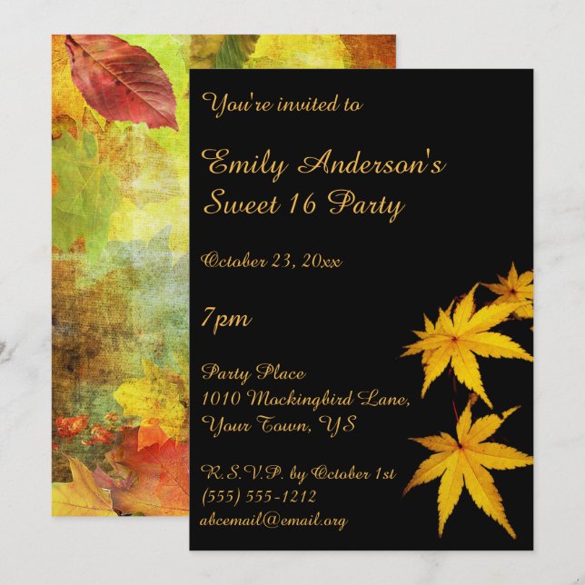 Gold and Black Autumn Sweet 16 Birthday Invitation (Front/Back)