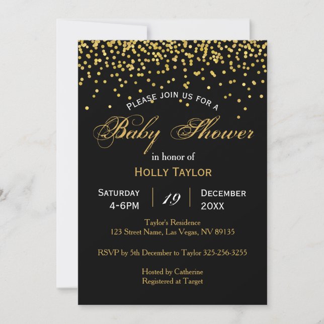Gold and Black Baby Shower Invitation (Front)