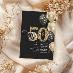 Gold and black Balloon 50th Birthday Invitation