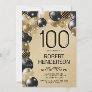 Gold and Black Balloons 100th Birthday Invitation