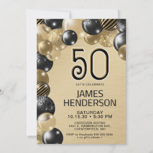 Gold and Black Balloons 50th Birthday Invitation