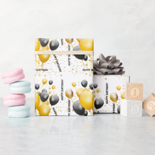 Gold and Black Balloons Birthday Wrapping Paper