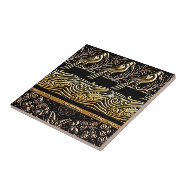 gold and black Birds fish Butterfly art pattern Tile (Side)
