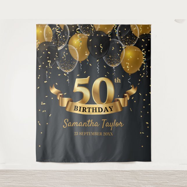 Gold and black birthday backdrop tapestry banner (Front)