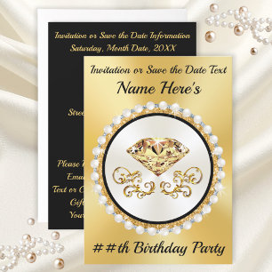 Gold and Black Birthday Invitations, Any YEAR, Invitation