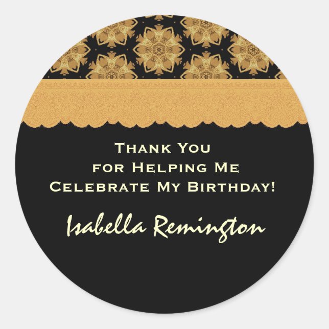 Gold and Black Birthday Thank You R354C Classic Round Sticker (Front)