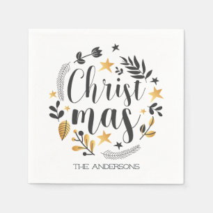 gold and black botanical illustration Christmas Napkin