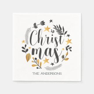 gold and black botanical illustration Christmas Napkin