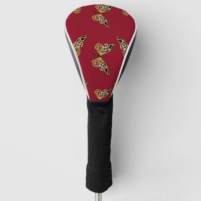 Gold and black butterflies on maroon golf head cover (Front)