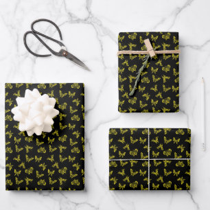 Gold and black butterflies pattern wrapping paper sheet