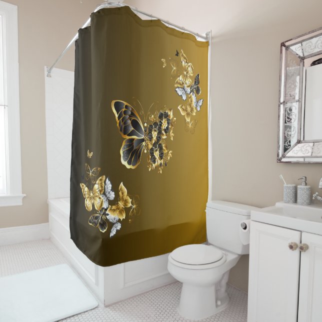 Gold and Black Butterfly Floral Art Shower Curtain (In Situ)