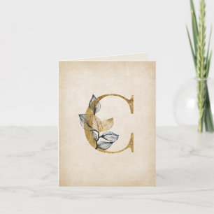 Gold and Black C Monogram With Leaves Note Card