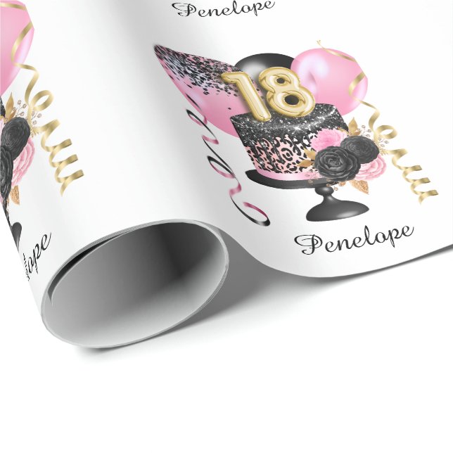Gold and Black Cake 18th Birthday Name Wrapping Paper (Roll Corner)