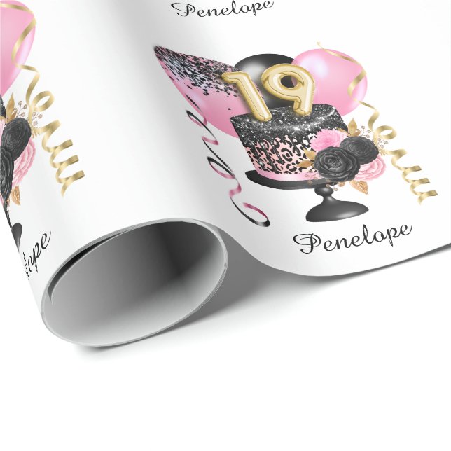 Gold and Black Cake 19th Birthday Name Wrapping Paper (Roll Corner)