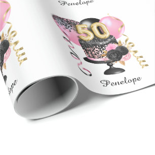 Gold and Black Cake 50th Birthday Name Wrapping Paper