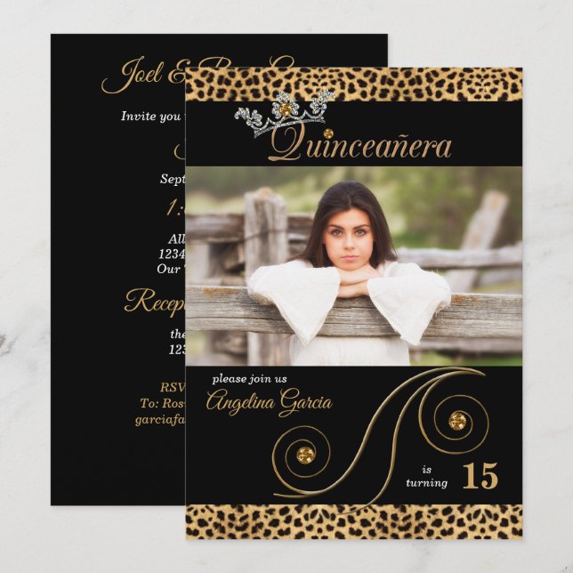 Gold and Black Cheetah Print Quinceanera Party Invitation (Front/Back)